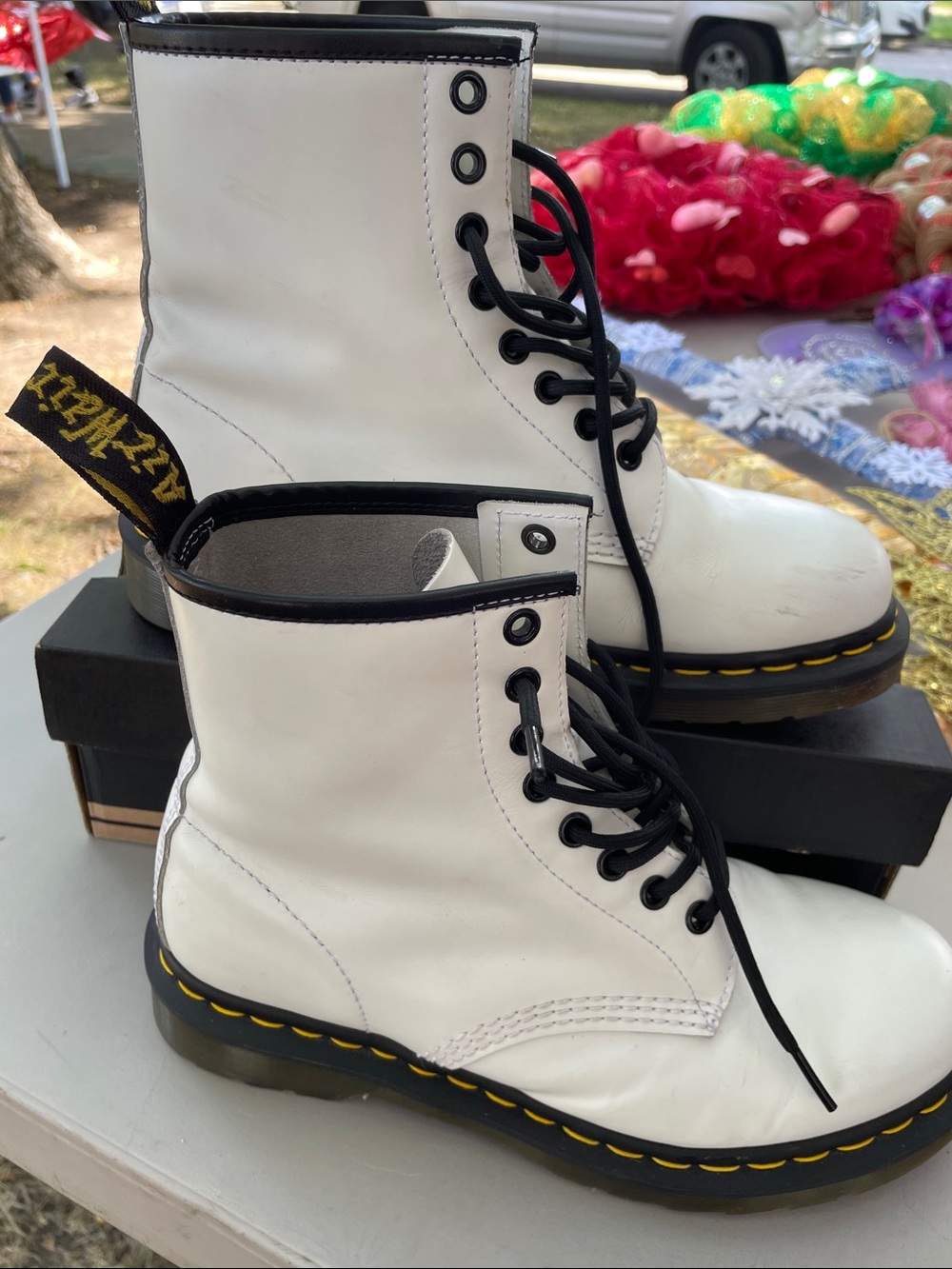 Dr. Martens White Leather Lace-Up Boots with Black Laces and Yellow Stitching